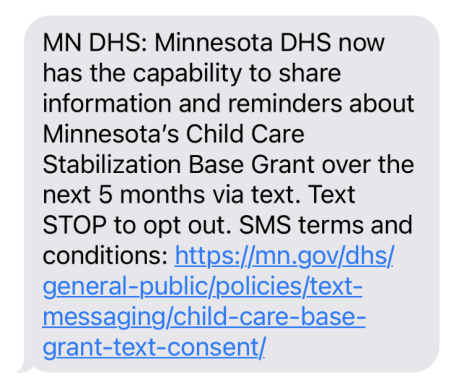 Standard text message sent to childcare providers